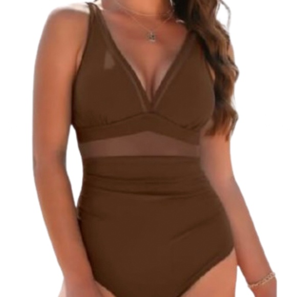 Women’s Plus Size V Neck Mesh Sheer Tummy Control One Piece Bathing Suit - Picture 1 of 4
